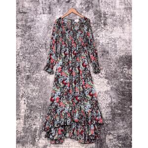 Cinq A Sept Dress 8 Womens Leigh Maxi Floral Smocked Chiffon Long Sleeve